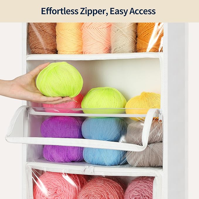 Yecaye Hanging Yarn Storage Organizer with 6 Zippered Closure Compartments, Heavy Duty Stuffed Animal Storage with Clear PVC, Dustproof Yarn Holder for Crocheting Storage, Pearl White 6 Tier