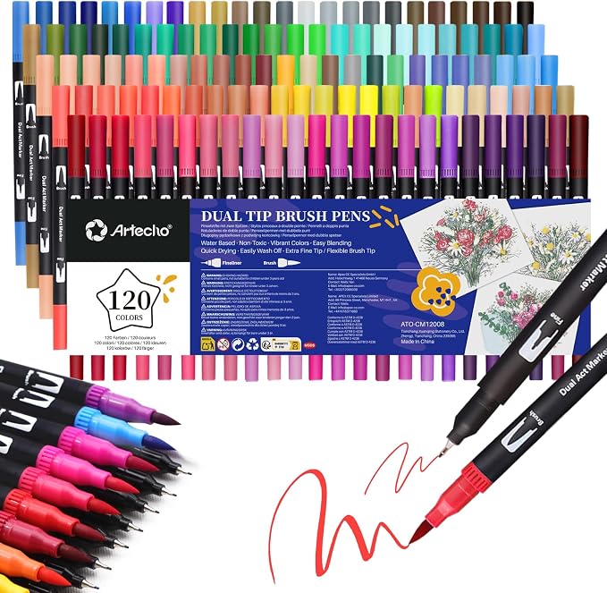 Artecho 120 Colors Dual Tip Markers for Adult Coloring Books | Drawing Pens For School, Fine and Brush Tip, Calligraphy, Drawing, Sketching