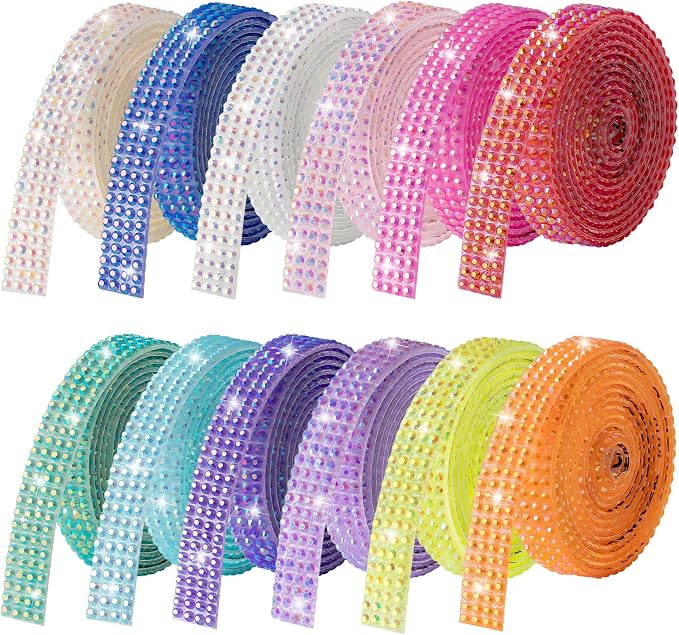 Rhinestone Ribbon Self Adhesive Crystal Rhinestones, 12-Rolls Bedazzling Strips, 12-Yard Rhinestone Strips for DIY Craft, Bedazzling Kit for DIY Craft, Rhinestones for Crafting Art Decoration