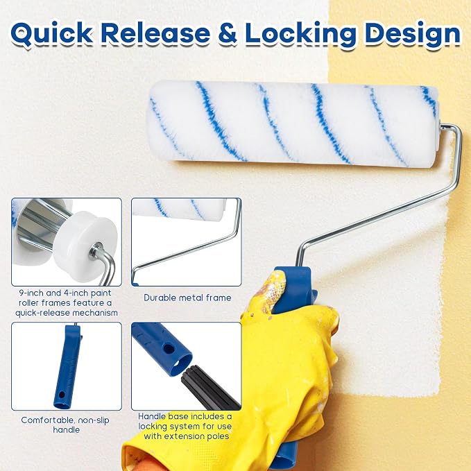 Paint Roller Kit with Extension Pole 28 Piece Set, 4" 9" Paint Roller with Tray, Paint Brushes Set for Professional Painting, House Wall Ceiling Painting Supplies for All Latex and Oil Paints Stains