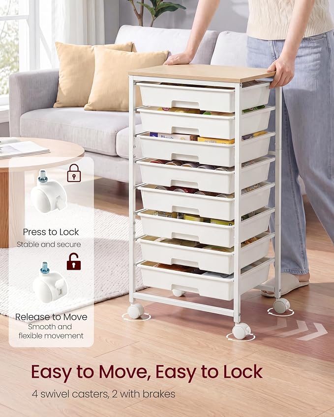 VASAGLE Rolling Cart with Drawers, Craft Organizers and Storage, White