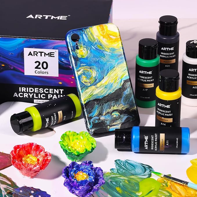 Artme Iridescent Acrylic Paint Set, 20 Chameleon Colors in 2 oz/60ml Bottles, Color-shifting Acrylic Paint Perfect for Artists, Beginners on Canvas, Rocks, Wood, Fabric, Ceramic