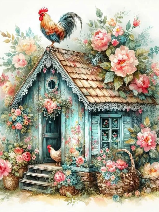 Accompany Wind Chicken Coop Diamond Art Kits for Adults, 5D Diamond Painting Kits for Beginners,DIY Round Full Drill Diamonds Gem Art Crafts for Home Wall Decor Gifts 12x16 Inch