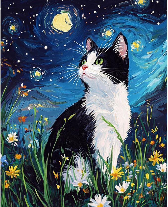 obterie Starry Night Paint by Numbers Kit for Adults Beginner Cat Oil Painting Kit Adult Paint by Number Kits on Canvas DIY Painting for Beginners Art by Numbers for Gifts Home Wall Decor 16x20 Inch