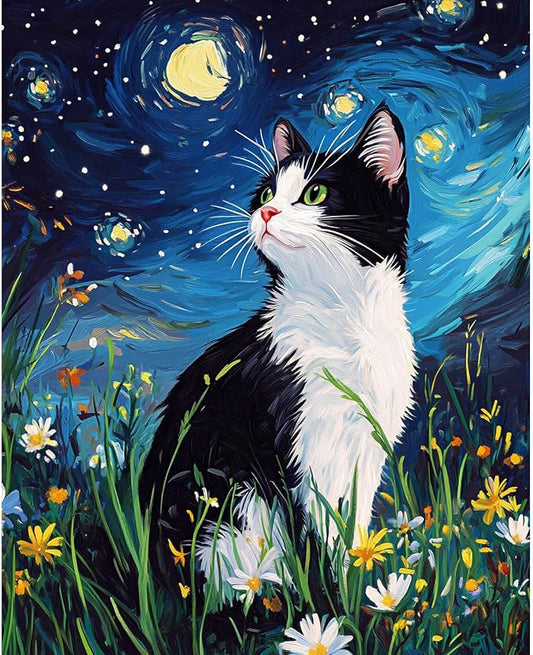 obterie Starry Night Paint by Numbers Kit for Adults Beginner Cat Oil Painting Kit Adult Paint by Number Kits on Canvas DIY Painting for Beginners Art by Numbers for Gifts Home Wall Decor 16x20 Inch