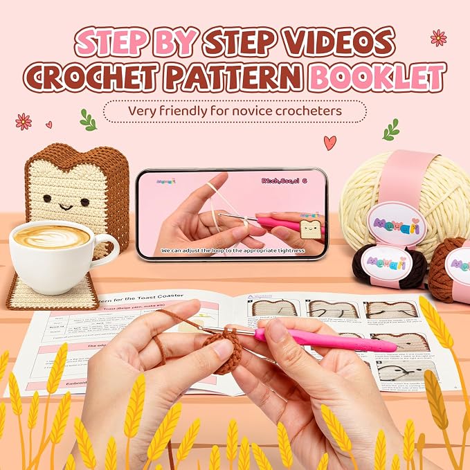 Mewaii Crochet Kit for Beginners, 6 Pack Toast Coaster Craft Set | 40% Extra Yarn, Video Tutorial, Pre-Started Piece, Beginner Friendly, Family Craft Gift for Adults & Kids