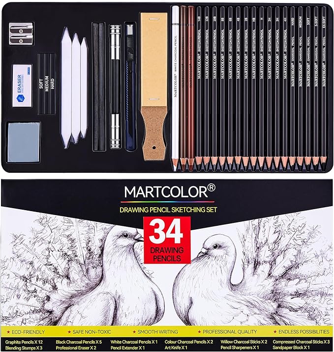 MARTCOLOR Drawing Sketching Pencils Set, 34 Pieces Graphite Pencil (14B-4H) | Pro Art Pencil Kit with Charcoal Pencils, Charcoal Sticks, Artist Pencils for Beginners & Pro Artists