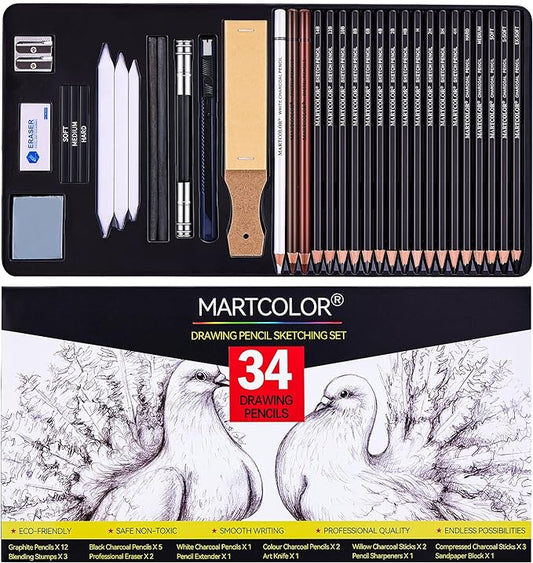 MARTCOLOR Drawing Sketching Pencils Set, 34 Pieces Graphite Pencil (14B-4H) | Pro Art Pencil Kit with Charcoal Pencils, Charcoal Sticks, Artist Pencils for Beginners & Pro Artists
