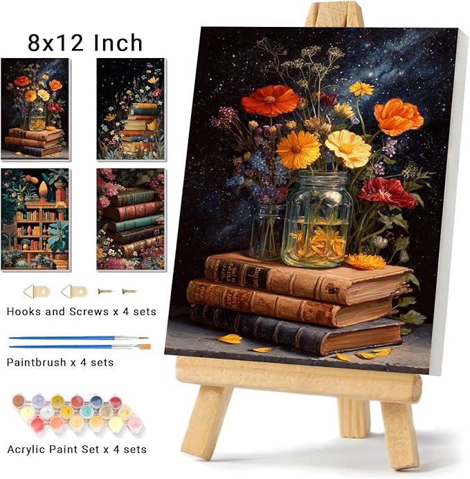 4 Pack Framed Paint by Numbers Kit for Adults Beginner Book Adult Paint by Number Kits on Canvas Flower Painting by Numbers for Adults with Frame Floral DIY Painting Kits for Home Wall Art 8x12 Inch