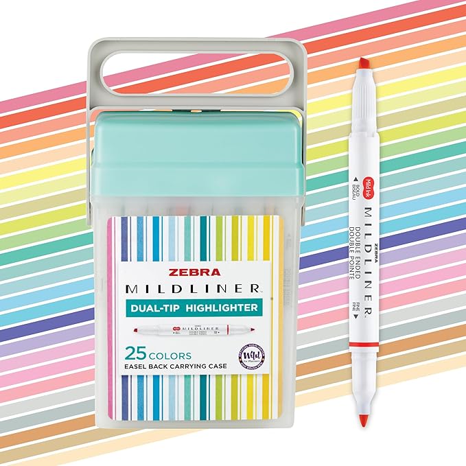 Zebra Pen MILDLINER No Bleed Highlighter, Assorted Colors, Dual Tip, 25-Pk | Broad and Fine Point Tip Marker Set, Ideal for Bible Highlighting, Journaling, School Supplies, Includes Carrying Case, 78025
