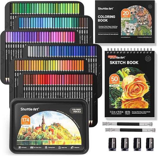 Shuttle Art 174 Colored Pencils for Adults, Soft Core Coloring Pencils Set with 1 Coloring Book, 1 Sketch Pad, 4 Sharpener, 2 Pencil Extender, Perfect for Artists Kids Adults, Drawing