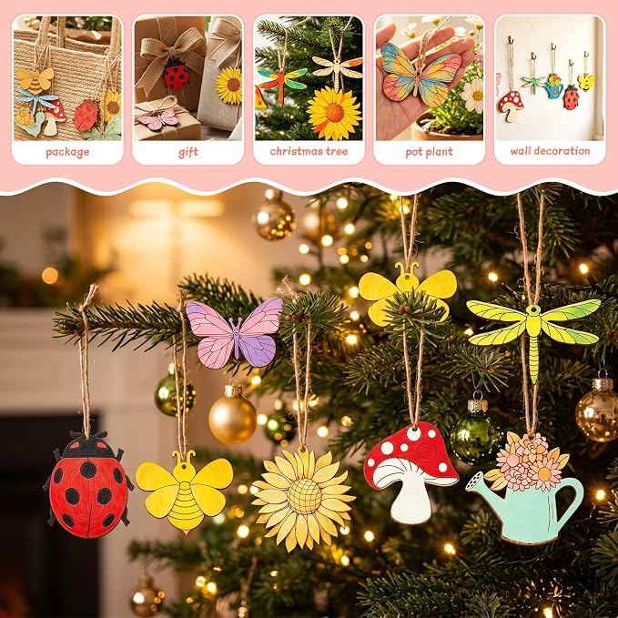 48PCS Unfinished Wooden Cutouts, Blank Hanging Craft Ornaments | 8 shapes Pre-drilled sling holes, blank unfinished wood for kids DIY painting, home hanging craft decor supplies