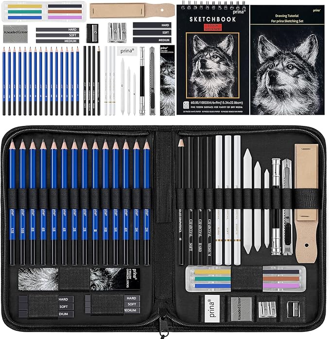 Prina 50 Pack Drawing Set Sketch Kit, Sketching Supplies with 3-Color Sketchbook, Graphite, and Charcoal Pencils, Pro Art Drawing Kit for Artists Adults Teens Beginner Kid, Ideal for Shading, Blending