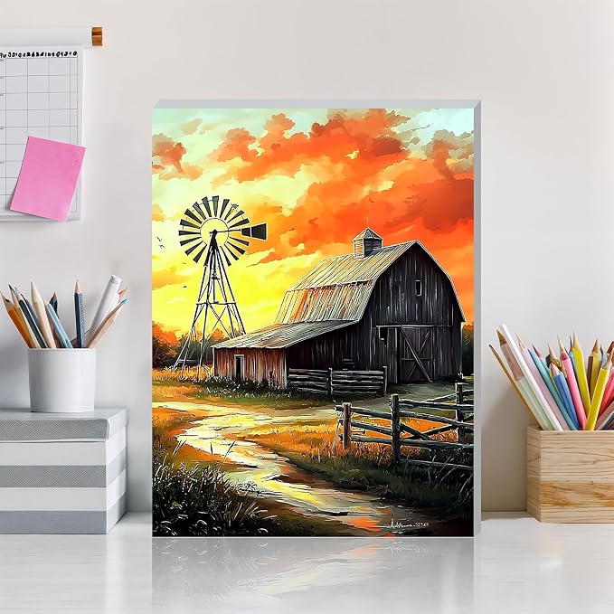 DOMROM Framed Paint by Numbers Kit for Adults Beginners, DIY Farmhouse Barn Paint by Number Kit on Canvas, DIY Oil Painting Kits for Home Wall Decor Gift 12x16inch