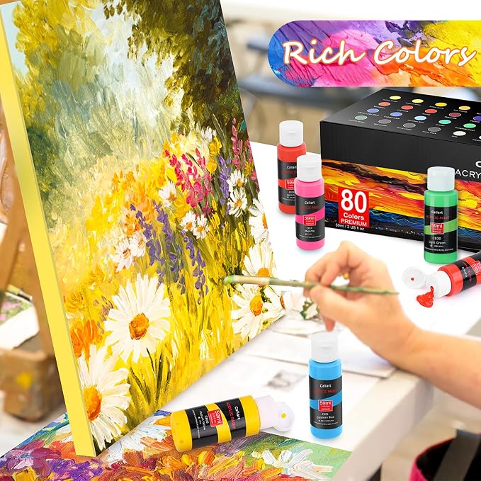 Caliart 80 Colors Acrylic Paint Set with 12 Brushes | Craft Painting kit for Adults Artists Beginners, Halloween Pumpkin Canvas Wood Rock Ceramic Fabric Art Supplies Paints