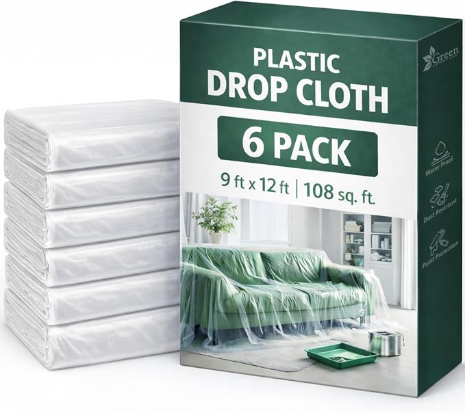 GREEN LIFESTYLE Plastic Drop Cloths for Painting 12 x 9 ft [6 Pack] – Waterproof Paint Drop Cloth, Plastic Sheets Floor Cover, Disposable Tarp for Furniture Protection, Remodeling and Moving