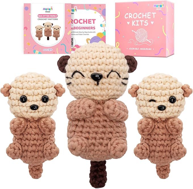 Mewaii Crochet Kit for Beginners, 3 Pack Sea Otter Craft Set | 40% Extra Yarn, Video Tutorial, Pre-Started Piece, Beginner Friendly, Family Craft Gift for Adults & Kids