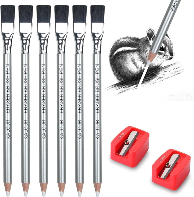 KALOUR Detail Eraser Pencil - 6pc Pencils with Brush and 2pc Sharpener,Erasing Small Details or add Highlights for Sketching, Charcoal Drawings. Fine Detail Eraser for Beginners & Artists
