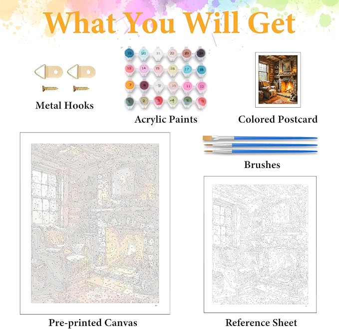 Paint by Numbers Kit for Adults, Cozy Fireplace & Rustic Cabin, 16x20 Inch