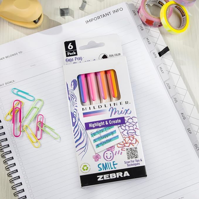 Zebra Pen MILDLINER Mix No Bleed Highlighter, Assorted, Chisel Tip, 6-Pack | Dual Color Marker Highlighter, Ideal for Bible Highlighting, Journaling, Note-Taking, School and Office Supplies (77706)