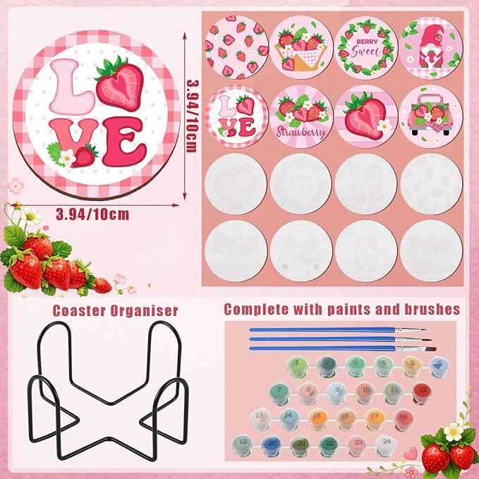 Reallnaive 8 Pcs Strawberry Paint by Numbers Kit for Adults Wooden Coasters | Mini Paint by Numbers, Tiny Pink Gnome Round Oil Painting Drink Coaster with Holder, for Small DIY Craft Birthday Gift