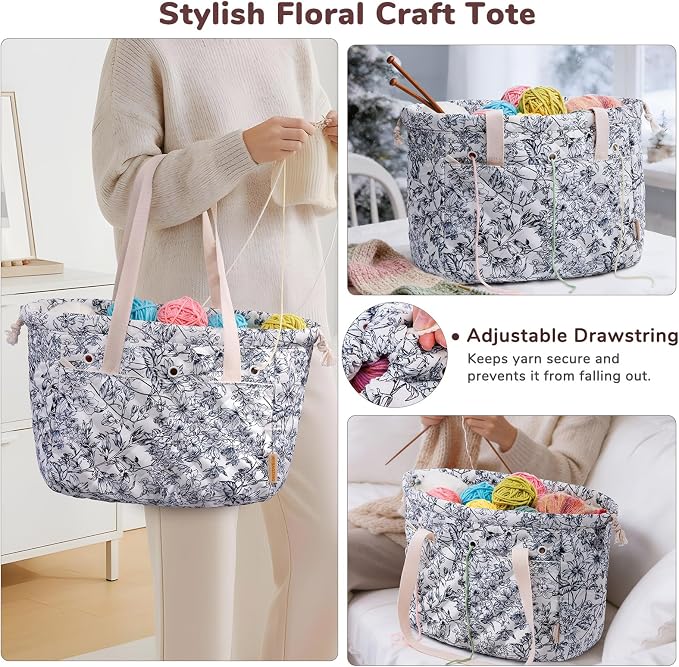 MYBAGZING Portable Crochet Bag Organizer with Crochet Hook Organizer Roll, Quilted Yarn Storage Tote with Grommets, Knitting Project Bag for Yarn & Accessories, Floral Craft Tote Gift for Crocheters