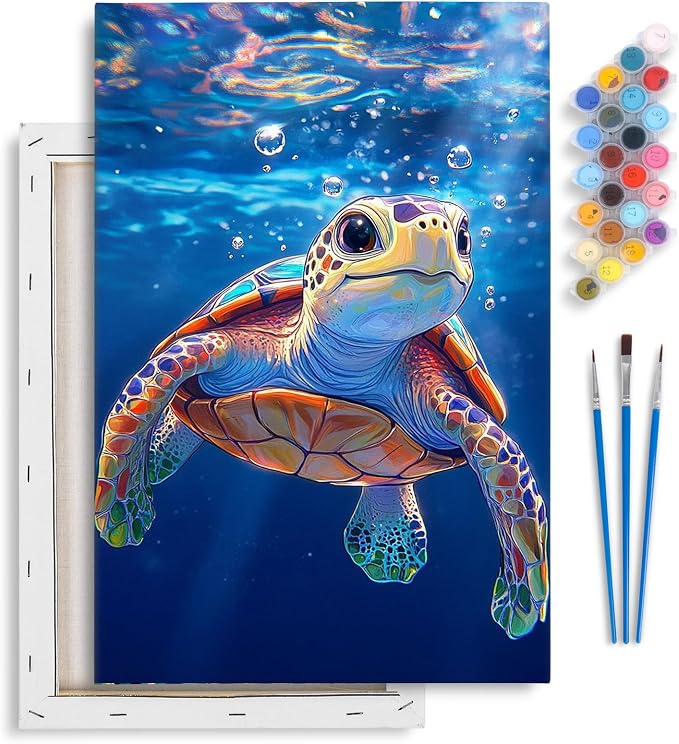 Sea Turtle Framed Paint by Numbers Kit for Adults Beginner & Kids Ages 8-12 | With Frame Canvas 8x12 inch, DIY Acrylic Painting by Numbers Sea Turtle, Stress Relief Craft Kits, Home Wall Decor Gift