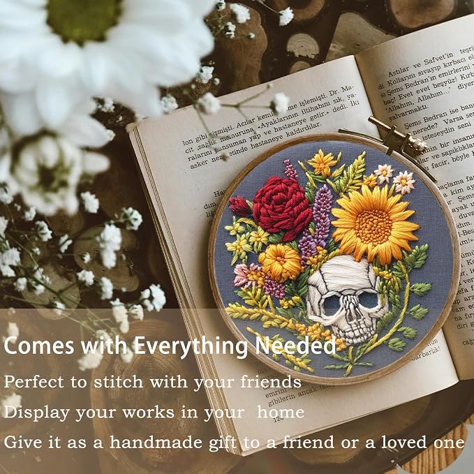 FONNUY Floral Embroidery Kit for Beginners, Colorful Flowers Pre-Stamped Pattern Kits for Adults with Hoop, Thread Needlework, 8'' Hoop (Skull)