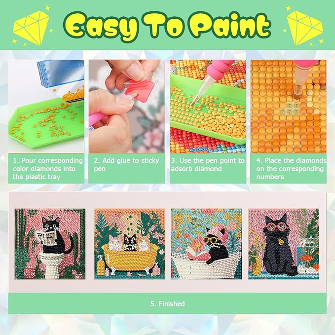 ICYANART 4 Pack Cat Diamond Art for Kids, Cat Diamond Art Kids Easy 6x6Inch | Cat Diamond Art for Kids Ages 4-6-8-12 , Small Diamond Art Kits for Kids, Easy Art and Craft for Kids (no Frame)