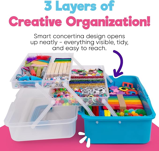 Blue Squid Arts & Crafts Box (Blue)- 2800+ pcs Deluxe Craft Supplies Box, 2 Drawers, 18 Compartments, Sturdy Handle - Art Crafting Kit Birthday Gifts for Kids, School Supply for Ages 4-12