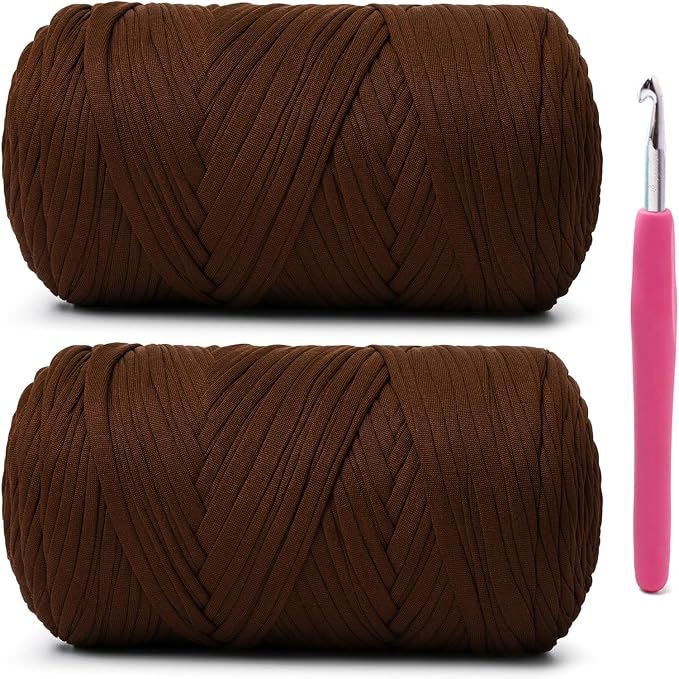 2 Pack Soft Tshirt Crochet Yarn, 800g/228yds High Elastic Hand Knitting Yarns, Thick T Shirt Yarn for Crocheting Bags, Baskets, Cushions, DIY Crafts(Coffee + Coffee)