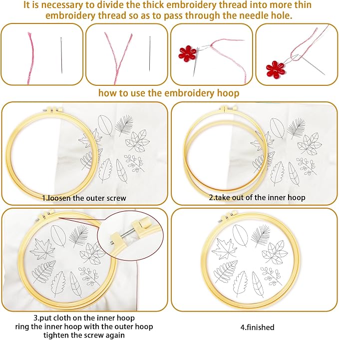 BEUNITONE 6 Pack Beginner Embroidery Kit for Adults, Simple Floral Plants Pre-Stamped Pattern Starter Needlepoint Kits with Hoops & Instruction, Hand Embroidery Kits for Fabric and Home Decor 7.9x7.9