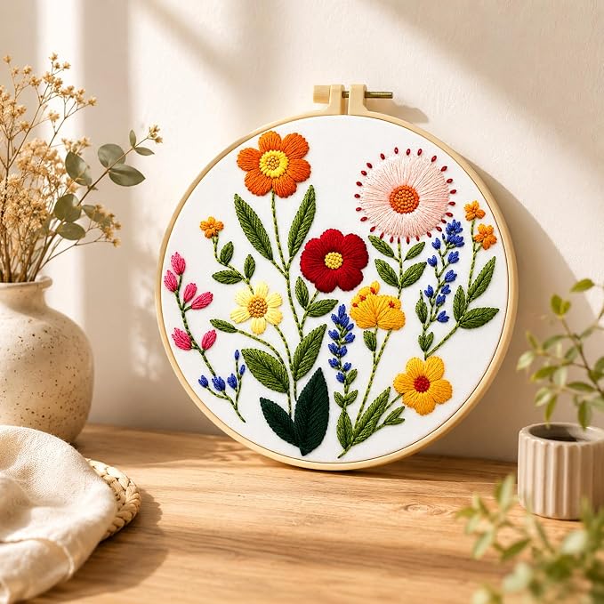 Zhenqing Wildflower Embroidery Kit for Beginners, Floral Needlework Kit with Pre-Printed Cotton Fabric, Hoop, Threads & Tools, Flower Wall Decor (C0125)