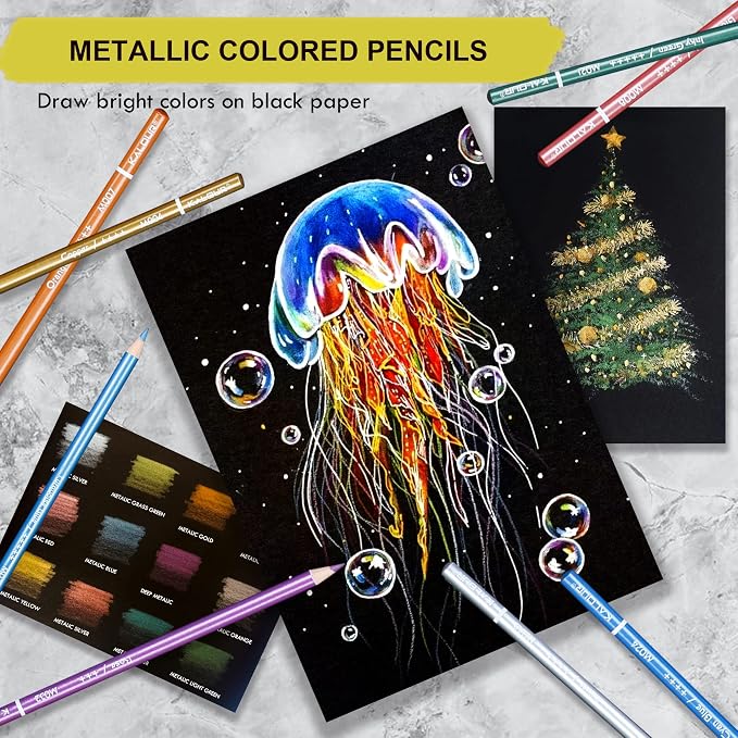 KALOUR 50 Piece Metallic Colored Pencils for Adult Coloring,Soft Core with Vibrant Color,Ideal for Drawing Blending Sketching Shading,Coloring Pencils for Adults Beginners