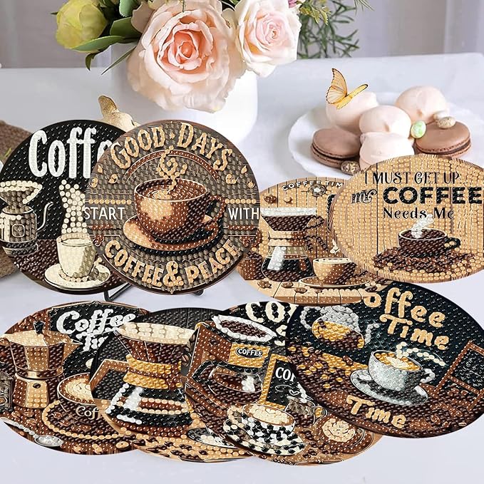 8 Pcs Diamond Art Coasters Kits, Coffee Diamond Painting Coasters Kits