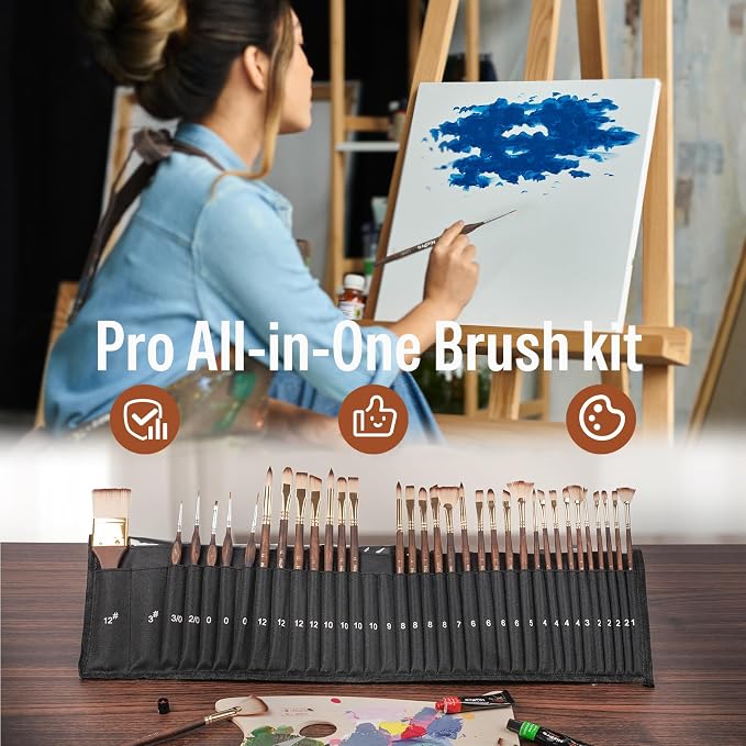 Nicpro 36pcs Paint Brush Set for Acrylic Painting,Oil, Watercolor (Golden) | Professional Paintbrushes for Acrylic Oil Gouache,Includes Palette Knife and Cloth Roll, Art Supplies for Artists & Beginners