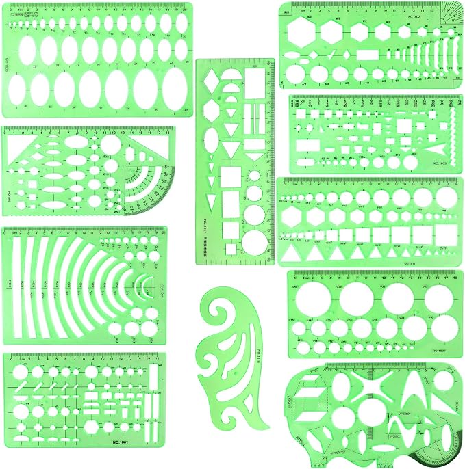 11PCS Geometric Drawings Templates, Drafting Stencils Measuring Tools, BetyBedy Plastic Clear Green Ruler Shapes with a Zipper Bags for Architecture, Office, Studying, Designing and Building