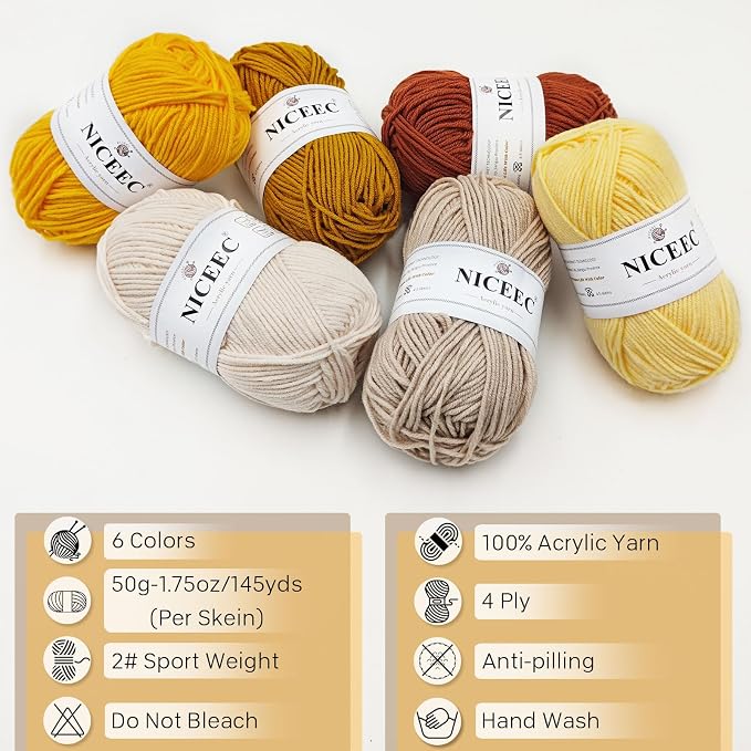 NICEEC 300g Soft Assorted Colors Yarn 100% Acrylic 870yds -Orange