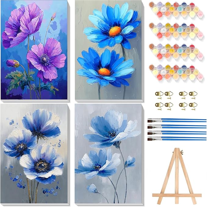 4 Pack Flower Paint by Numbers for Adults with Framed Canvas - Wooden Easel | Easy Flower Paint by Number for Beginners, Flowers Acrylic Oil Painting on Canvas with Brushes for Home Wall Decor 8x12 inch