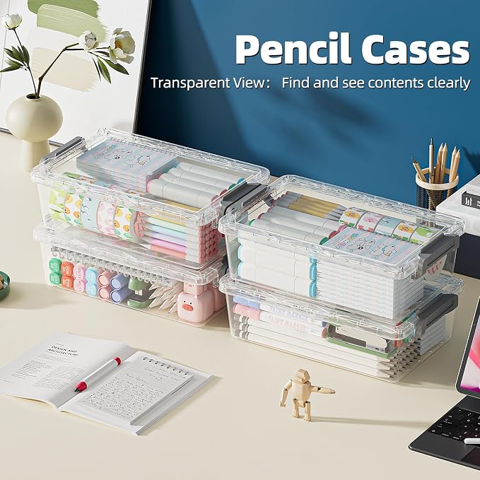 BiuLeon 4 Pack Extra Large Pencil Box, Plastic Pencil Case Organizer, Clear Crayon Box Marker Organizer, Stackable Craft Organizers and Storage for Pen, Craft, Art Supply(Green/Blue/Pink/Black)