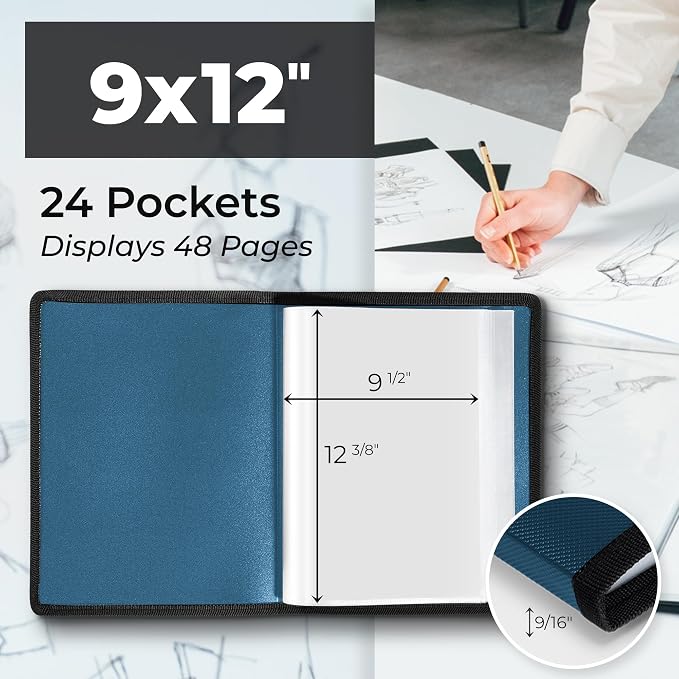 Dunwell Art Portfolio 9x12, 24 Pockets, Displays 48 Pages, Blue
