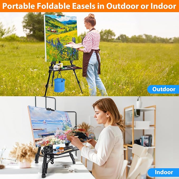 Easel Stand for Painting Artist Easel Stand Adjustable Height 20" to 61" Metal Tripod Art Easels Stand for Painting Canvases Tabletop Floor Art Easel Stand with Tray, Bag, Folding Keg, Black