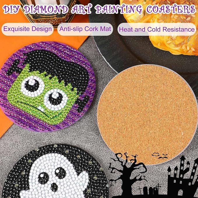 UPINS 8Pcs Halloween Diamond Art Painting Coasters Kits with Holder | Diamond Art Non Slip Coaster Kits ,DIY with Holder crafts, for Adults Diamond Art Painting Kits Supplies