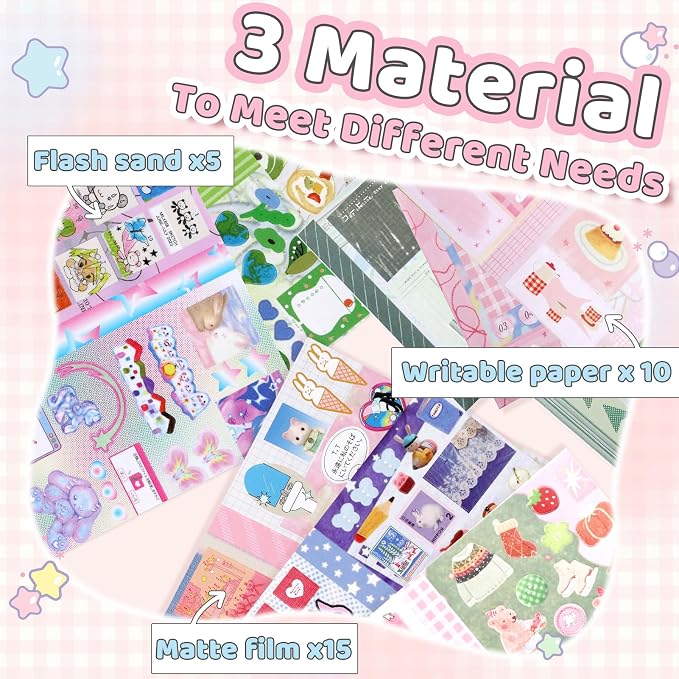 Tmtains 30 Sheets Kawaii Japanese Sticker Book Manga Books Style Writable Note Sticker Glitter Sand Aesthetic Japanese Korean Stickers Book for Adults Scrapbooking Notebook Supplies (Wonderful Ideas)