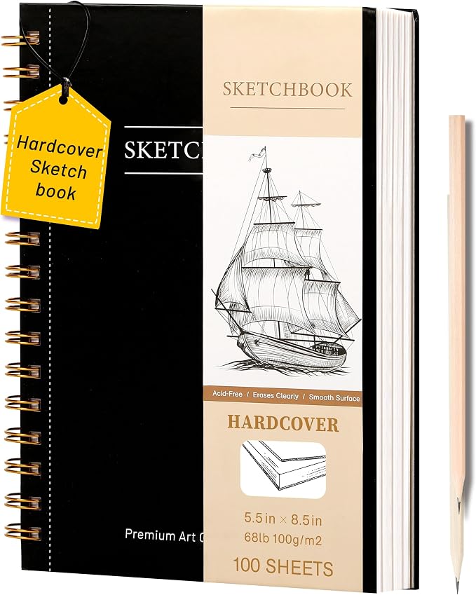 Yoment Small Sketch Book 5.5"x8.5",Mini Sketchbook,Spiral Bound,100 Sheets | Black,68 lb/100gsm Hardcover Sketch Pad for Kids,Art Sketchbook Drawing Pad Book with Pencil,For Kids, Beginners,Artists