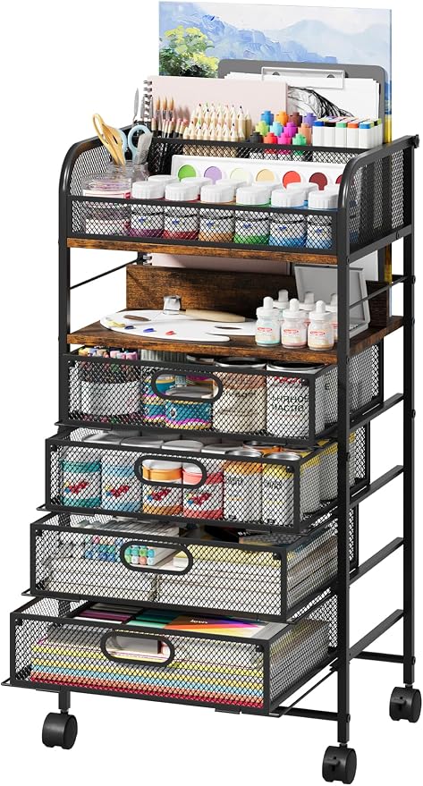 Homsorout Rolling Art Cart with 4 Drawers, Rustic