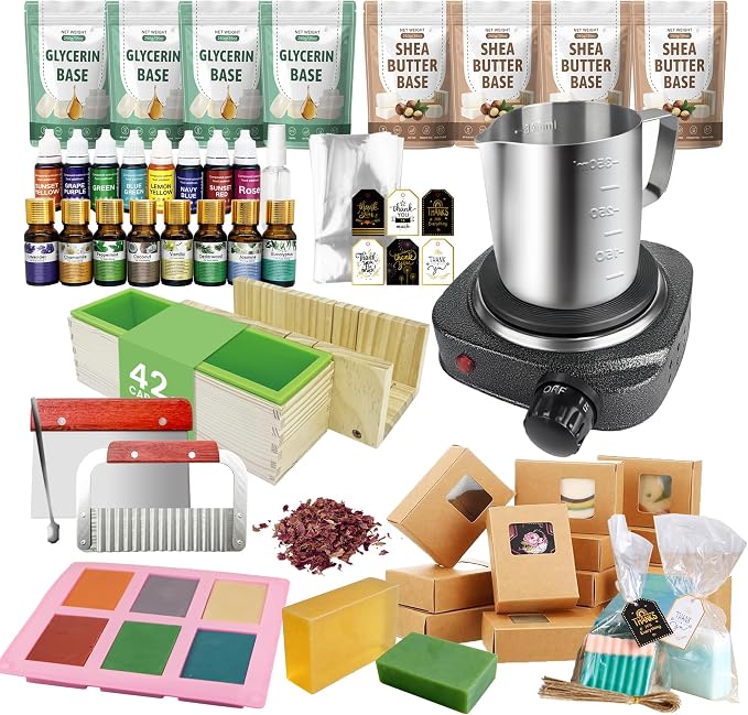 VUSIBA Deluxe Soap Making Supplies Kit with 100+ PCS Supplies for Adults | All in One Soap Kit, Electric Hot Plate, 4.4 lbs Soap Base, 8 Fragrance Oils, 8 Dyes, Soap Packing Supplies