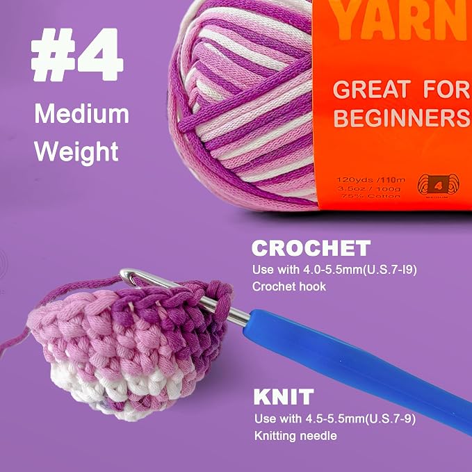 3.5Oz Beginner-Friendly Yarn for Crocheting and Knitting;Worsted-Weight Medium #4;Cotton Blend Yarn for Beginners with Easy-to-See Sitches,Great for Amigurumi DIY (Lavender,1 Skein)