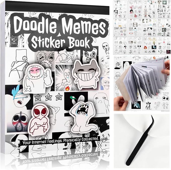 Tmtains Doodle Meme Sticker Book 460+Pcs 36 Sheets Black & White Cute Sticker Book funny meme stickers for Adults Die Cut Vinyl Stickers for ournaling Scrapbooking Phone Laptop Water Bottles DIY Gifts