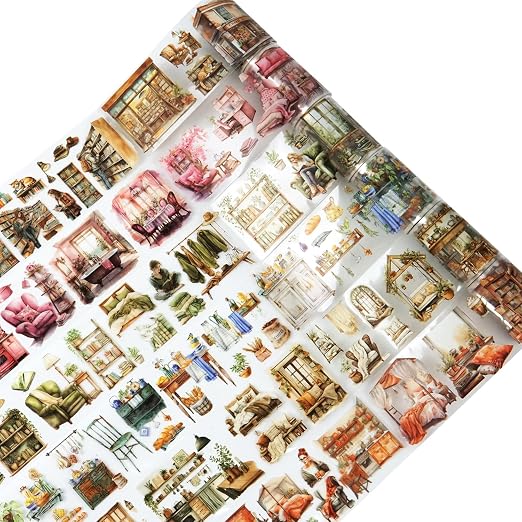 6Pcs Living Theme PET Tapes, Home Tapes for Journaling, Scrapbook Supplies, and Junk Journal Ephemera, with Decorative Clip